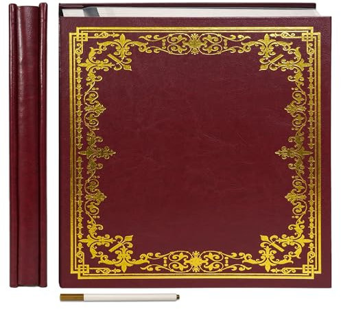 Vienrose Álbum de Fotos Grande Autoadhesivo Cubierta de Cuero Artificial Álbum de Recortes 32,5x33,5 cm Vintage Libro de Recuerdos Impreso DIY 60 Páginas con un Bolígrafo Metálico, Rojo
