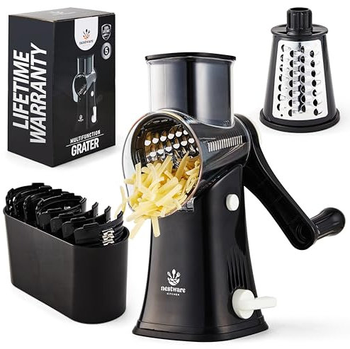 Nestware Kitchen Rallador giratorio de queso de 5 cuchillas, succión reforzada y 5 tambores intercambiables, fácil de usar, picador de verduras, negro
