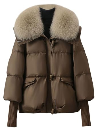 Abrigos Largos De Plumas Winter Collar Puffer Down Parka Loose Down Warmer Thicken Snow Jacket Pocket Zipper Faux Outerwear Chaqueta De Invierno Mujer Anorak Mujer Ligero (Coffee, L)