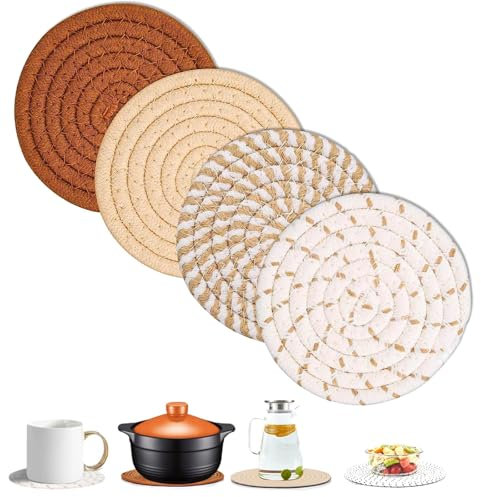 4 Stück Topfuntersetzer Set 18cm Untersetzer Gläser aus Baumwolle Faden Weben Matte Topfuntersetzer Hitzebeständig 4 Farben Runde Geflochtene Untersetzer Heißer Topf für Töpfe Pfannen TellerTassen