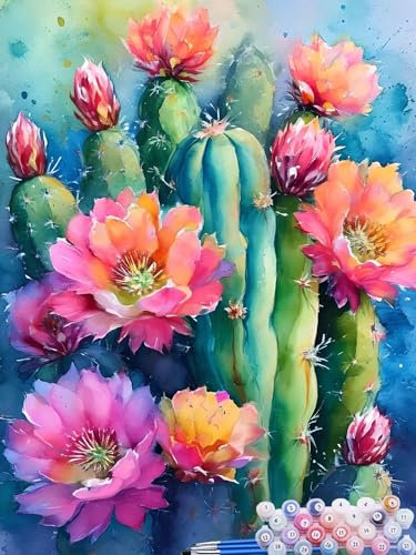 Malen Nach Zahlen Blume, DIY Malen nach Zahlen für Erwachsene Bastelset, Acrylfarben Kunst Inklusive Pinsel, Kaktus Paint by Numbers für Deko Wohnzimmer Aesthetic Geschenke für Frauen 60x90cm Q-1