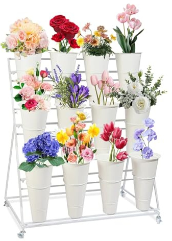 Présentoir à fleurs 3 niveaux avec 12 seaux, chariot en métal pour jardin intérieur extérieur, support de rack floral doré avec roues