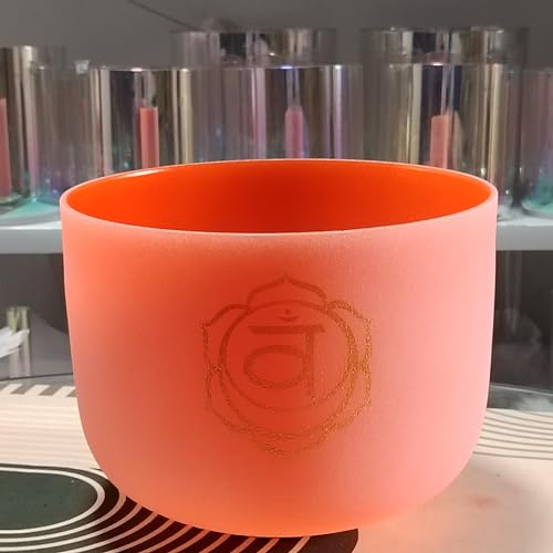 Chkara-Design, 432 Hz, D, Sakralchakra, Quarz-Kristall, Klangschale für Meditation, Yoga und Entspannung, 25,4 cm, Orange