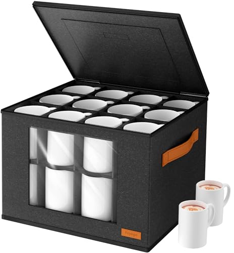 2-Layer Coffee Mug Storage Box with Dividers, Coffee Cup Storage Organizer with Zipper Lid and Handles, Stackable Mug and Cup organizer Service for 24 Coffee Mugs, Cups and Glasses, Dark Grey