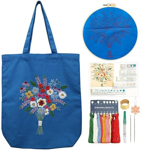 CREAWONDER Leinwand-Tote-Bag-Stickset mit Muster für Anfänger, Kunst- und DIY-Sticksets für Erwachsene, Anleitungen, Stickrahmen, Farbfäden (dunkelblau, CR002 qingfengnuanyang)