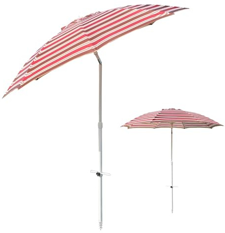 Generisch 200 cm Strandschirm mit Neigbarer Stange, Rot Lila Gestreifter Tragbarer Sonnenschirm, Windabweisender Gartenschirm, Höhenverstellbar, Aluminiumstange