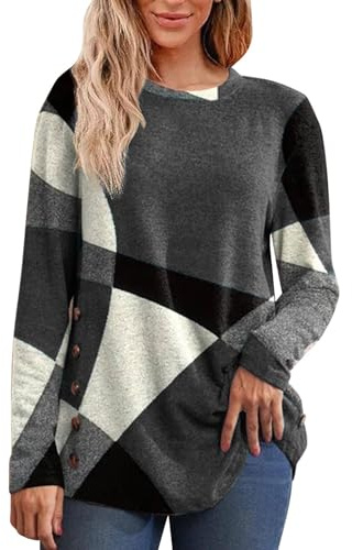 Nuoke Jumpers for Women UK Fleece Jacket Women 2025 Autumn Winter Fleece Tops Ladies Casual Long Sleeve Crewneck Pctchwork Printed Pullover Trendy Geometric Print Blouse Ladies Elegant Sweater