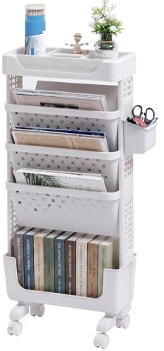 DOEWORKS Bücherwagen Klein Mobiles Bücherregal mit Rollen Bastelwagen Rollwagen Schmal Aufbewahrungswagen 5 Ebenen Bücherregal Wagen für Wohnzimmer Schlafzimmer Büro Bibliothek, Weiß mit Tasse