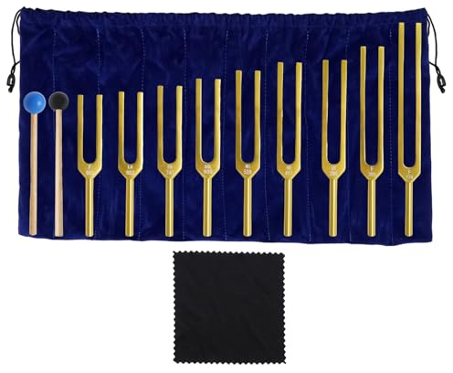 Ollanoos Goldenes Stimmgabel-Set, 174/285/396/417/528/639/741/852/963Hz 9-teiliges Multifrequenz-Stimmgabel-Set, geeignet für Meditation, Stressabbau und Energieheilung