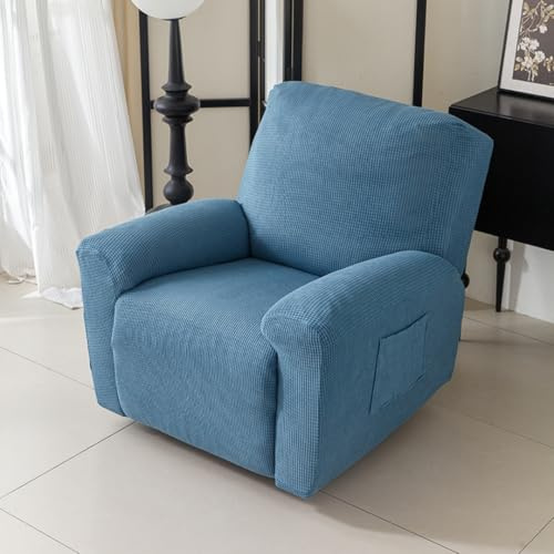 Chickwin Sesselschoner für Relaxsessel, 1/2/3 Sitzer Fernsehsessel Bezug mit Taschen, Einfarbig - Jacquard Elastisch Sesselschoner für Fernsehsessel mit Armlehne (Blau,1 Sitzer)