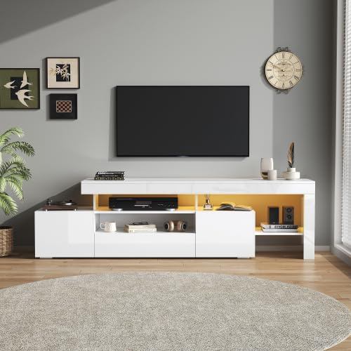 Merax Mueble de TV con iluminación LED, 192 cm para televisores de 85 pulgadas, 3 puertas abatibles, estantes abiertos, color blanco brillante