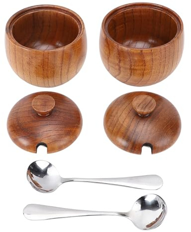 Ensemble de 2 bols à sel en bois – Pot à condiments multifonctionnel en bois composite |Avec couvercle et cuillère, acier inoxydable pour le stockage du sucre et des