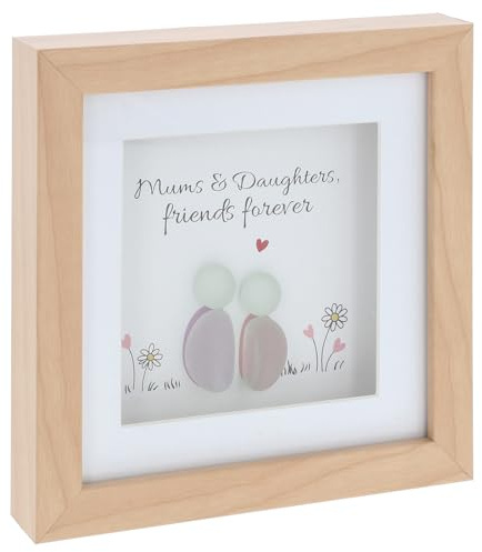 Pebble Art Square Glass Plaque with Wooden Frame, Mother Daughter Sentimental Quote, Framed Gift with Floral Design