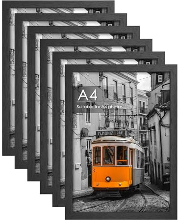 QPQIYIY 6 Pack A4 Black Picture Frame, 100% Solid Wood and Shatterproof Plexiglass, Multi-Purpose Display for Photos, Posters and Artwork - Versatile Tabletop or Wall Mount Design