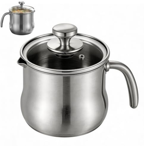 Edelstahltopf mit Glasdeckel, 2 Liter Milchtopf Edelstahl, Ø14 Kochtopf Induktion mit Griff, Unbeschichtet, Doppelwandiger Simmertopf für Gas Elektro Wasserbad Induktion Halogen Induktionsherde