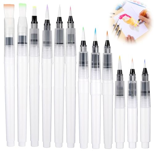 Cobee 12 Stück Wasserpinsel Stifte, 3 mm-10 mm Aquarell Pinsel Stifte | Leerer Wasserpinselstift mit Wassertank Aquarellstifte Watercolor Brush Pen für Aquarellmalerei Kalligraphie Farbe Ausfüllen