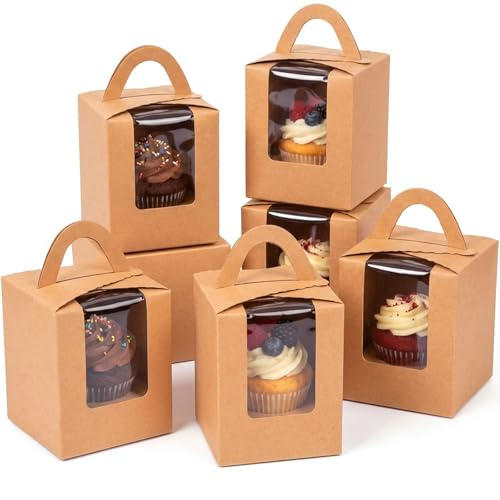 Gcardist 100 Stück Cupcake-Schachteln einzelne Einwegschachteln Braun mit Sichtfenster 9,14 x 9,14 x 10,92 cm Cupcake-Halter (3,6 x 3,6 x 4,3 Inch)