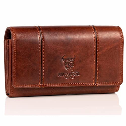 MATADOR XL Karten Portemonnaie Geldbeutel Damen Leder Groß #BRÜGGE mit Geschenk Box, Portmonee Geldbörse Damen Gross mit RFID Blocker, Geldtasche Brieftasche, Damenportemonnaie Vintage Braun