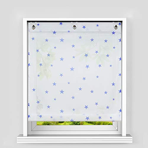Heichkell Voile Ösen Raffrollo Sterne Muster Transparente Raffgardine mit Haken Feltenrollo ohne Bohren Kinderzimmer Vorhang BxH 80x140cm Weiß-Blau