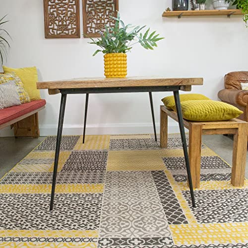 The Rug House Large Ochre Mustard Yellow Grey Patchwork Squares Traditional Big Extra Large Living Room Area Rugs 160cm x 230cm