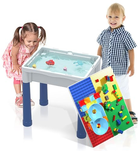 PicassoTiles Centre d'activités pour enfants, table de jeu et bureau, bac à sable, récipient de rangement étanche, jouet STEM tout-en-un avec 331 blocs de construction en deux tailles, circuit à