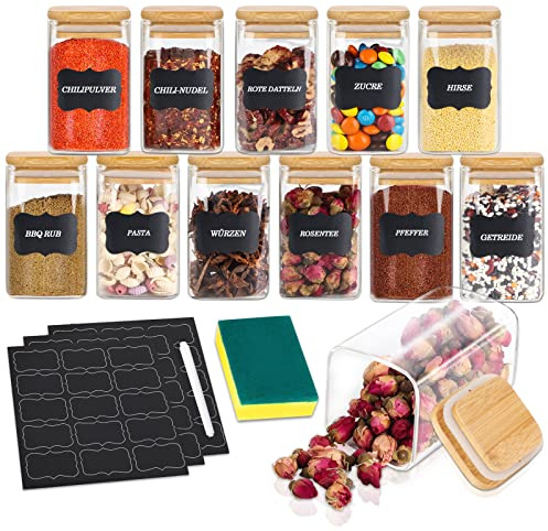 Kiousrm 12 barattoli di conservazione con coperchi set, barattolo di vetro quadrato da 300 ml con etichette, contenitori per alimenti in vetro ermetico per la conservazione di spezie