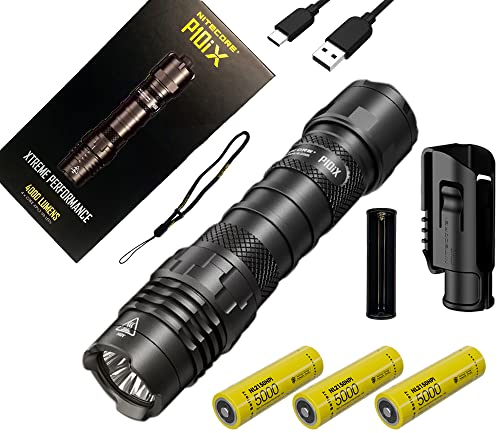 Nitecore Combo P10ix - Linterna ultra compacta recargable tipo C - 4000 lúmenes con 2 baterías extra NL2150HPi y cable de carga Eco-Sensa