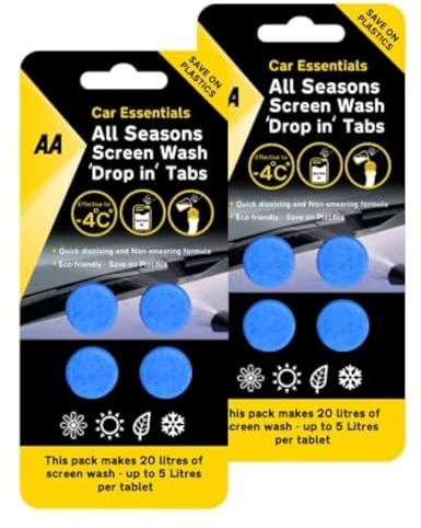 AA Car Essentials - 8 x All Seasons Screenwash Tablets - makes up to 40 litres - Effective to -4C - Save on Plastics