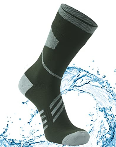 Agdkuvfhd Waterproof Neoprene Socks, Mens Womens Breathable Moisture Wicking Warm Skiing Hiking Running Climbing Cycling Crew Socks 1 Pair, Medium, Army Green & Grey