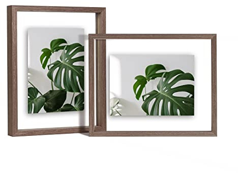 EGOFINE 10x8 Floating Frames Set of 2, Made of Solid Wood Display Any Size Photo up to10x8, Double Acrylic Picture Frame,Wall Mount or Tabletop Standing, Brown