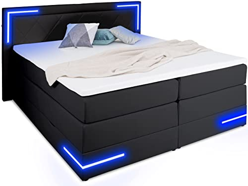 wonello Boxspringbett 180x200 mit Bettkasten und LED-Beleuchtung - gemütliches Bett mit LED Beleuchtung - Stauraumbett 180 x 200 cm mit Matratze und Topper - schwarz Kunstleder