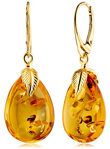 Amber by Mazukna - Bernstein Ohrringe - Eleganter Bernstein-Schmuck Hängend mit goldenem Fitting für Damen, Tropfenförmige Amber-Ohrringe, Damenschmuck