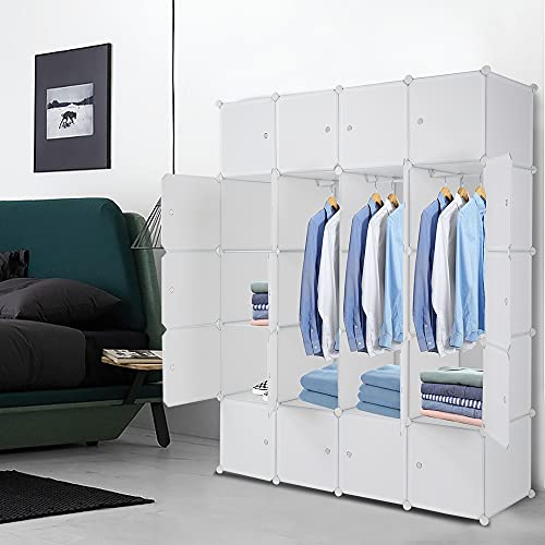 LEADZM Regalsystem, 20 Würfel, Kunststoff-Kleiderschrank mit Türen, Modulares Schranksystem zur platzsparenden Aufbewahrung, 140 x 45 x 175 cm, Weiß,