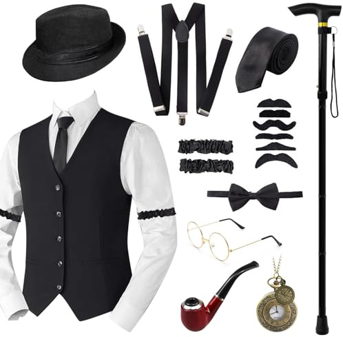 Grantop Accessoires des années 1920 - Costume de mafia et Gatsby - Gilet, Fedora, Chapeau et Moustache pour Carnaval