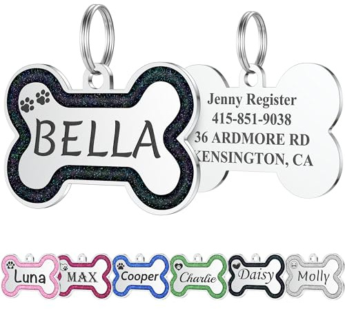 GISUREY Hundemarke mit Gravur - Glitzer Hundemarke Personalisiert, Tief Gravierte Edelstahl Namensschild für Halsband mit schönen 36 Symbolen, Name Telefonnummer Adressanhänger Hund (Groß, Schwarz)