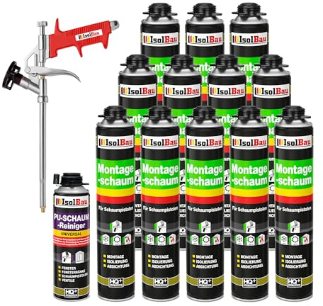Isolbau Kit de mousse de construction – Comprend 12 x mousse de montage B2 1K avec un excellent son et une isolation thermique (750 ml chacune), 1 nettoyant pour mousse PU (500 ml) et 1 pistolet à