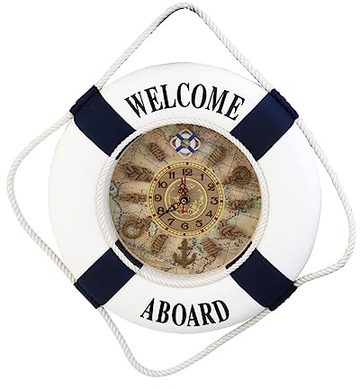 Ciieeo mediterranean style wall clock lifebuoy ring nautical decor 35cm blue white welcome sign wall hanging home decoration ocean decor ticking silent clock