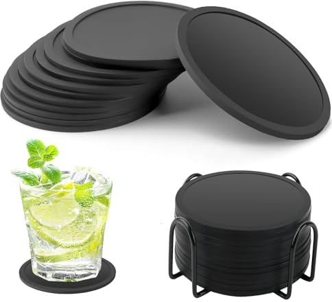 12er Set Silikon Untersetzer, Getränkeuntersetzer, Glasuntersetzer in schwarz mit Halter für Getränke, Bar, Tassen, Glas-Tischuntersetzer
