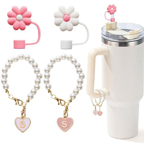 LUHOHI Charms for Stanley Cup，2pcs Pearl Chain for Stanley Cup Accessories Initial Letter Charms Handle with 2pcs Straw covers Stuff Decor Water Bottle Jewelry Tumbler Personalized Decorations Tag S