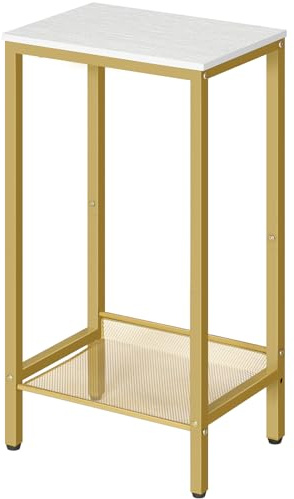 HOOBRO Tavolino Alto, Tavolino Porta Telefono in Stile Industriale, con Ripiano in Rete Regolabile, Comodino Porta Lampada, per Studio Ufficio Corridoio Soggiorno, Bianco E Oro EDW03DH01