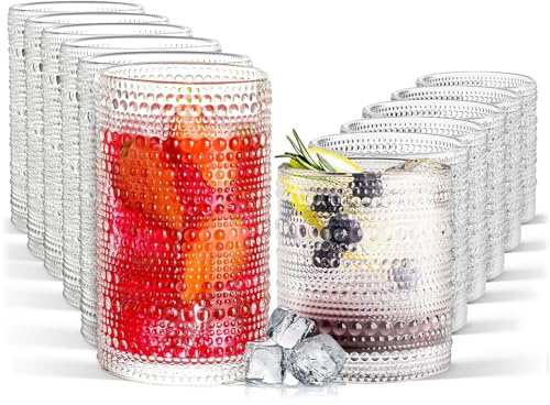 FULGNU Hobnail Drinking Glasses Set of 12, 11.8 oz Vintage Glasses Drinking Set & 10 oz Cocktail Glasses Set, Embossed Glass Cups for Kitchen, Beer, Juice, Cocktail, Whiskey, Milk