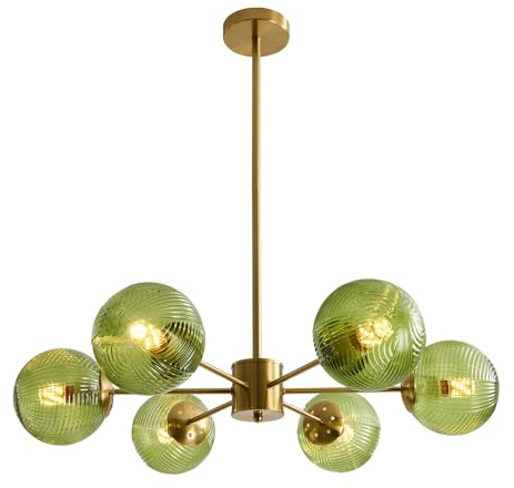 KCO Iluminación Lámpara colgante de techo de vidrio verde con 6 luces, moderna, estilo globo, semiempotrada, candelabro vintage de latón dorado Sputnik para cocina, sala de estar, comedor