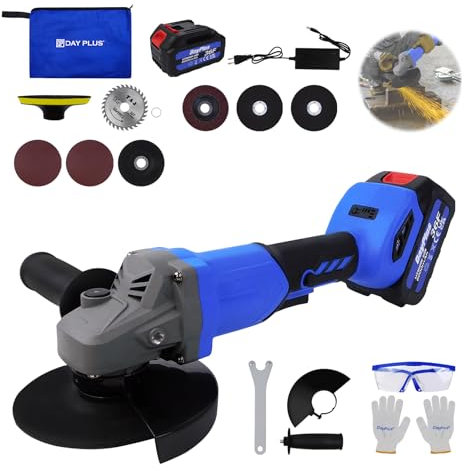 21V Cordless Angle Grinder with 3000mAh Battery and Charger, 7 Cutting Discs, 10000RPM Brushless Motor, Cordless Grinder Power Tools for Cutting, Polishing and Sanding