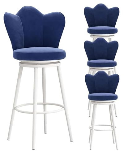 HAILM Barhocker Küche, Drehbarer Barstuhl, Samt Gepolsterte Frühstücksbarstühle, Bequeme Hocker Hoch Schmetterlingsrückenlehne Und Weiße Metallbeine, 4 Stück,Blau,75cm/29.5