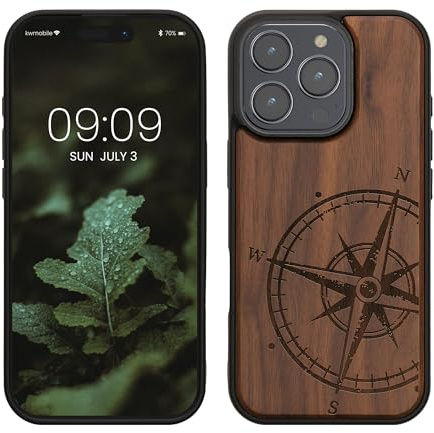 kwmobile Handyhülle für Apple iPhone 16 Pro Hülle Holz - Case mit TPU Bumper - Stoßfestes Hardcase - Schutzhülle Cover in Dunkelbraun