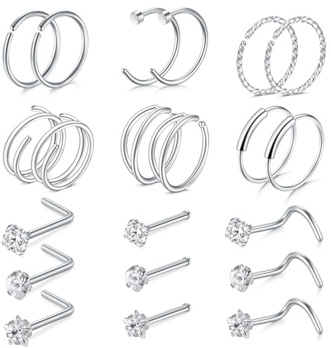 LAURITAMI Piercing Näsa Rostfritt Stål Kirurgiskt Set, Näsa Piercing Cirkel, L Rak Spiral Form Piercing Näsa Stud för Kvinnor Män 20G Silver Cubic Zirconia, Rostfritt stål