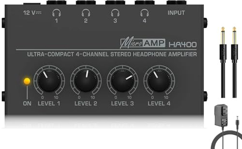 HSCLPM Headphone Amplifier with Audio Cable, HA400 4-Channel Metal Stereo Audio Amplifier, Mini Earphone Splitter W/ 1/4 TRS & DC 12V Power Adapter, for Sound Mixer PC Guitar Studio Stage (Black)