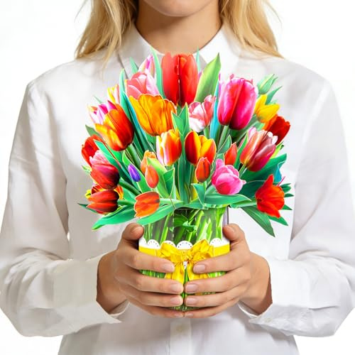 GREETING ART Tulpe Blumenstrauß Pop Up Karte für Frauen, Pop Up Blumenkarten, Handgemachte Blumengrußkarten, 3D Geburtstagskarte, Muttertagskarte, Jahrestag, Hochzeitskarte