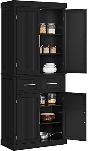 Yaheetech Tall Kitchen Pantry Cupboard, 183.5cm Freestanding Storage Cabinet with Drawer, 4 Doors, 2 Adjustable Shelves for Home Dining Living Room, Black