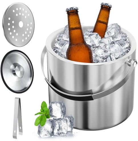 Yunlaishaocer Edelstahl Eiskübel, 2L Doppelwandig Isoliert Edelstahl Eiswürfelbehälter, Eiseimer mit Luftdichtem Deckel, Sieb und Eiszange, Eisbehälter für Bier Champagner Wein